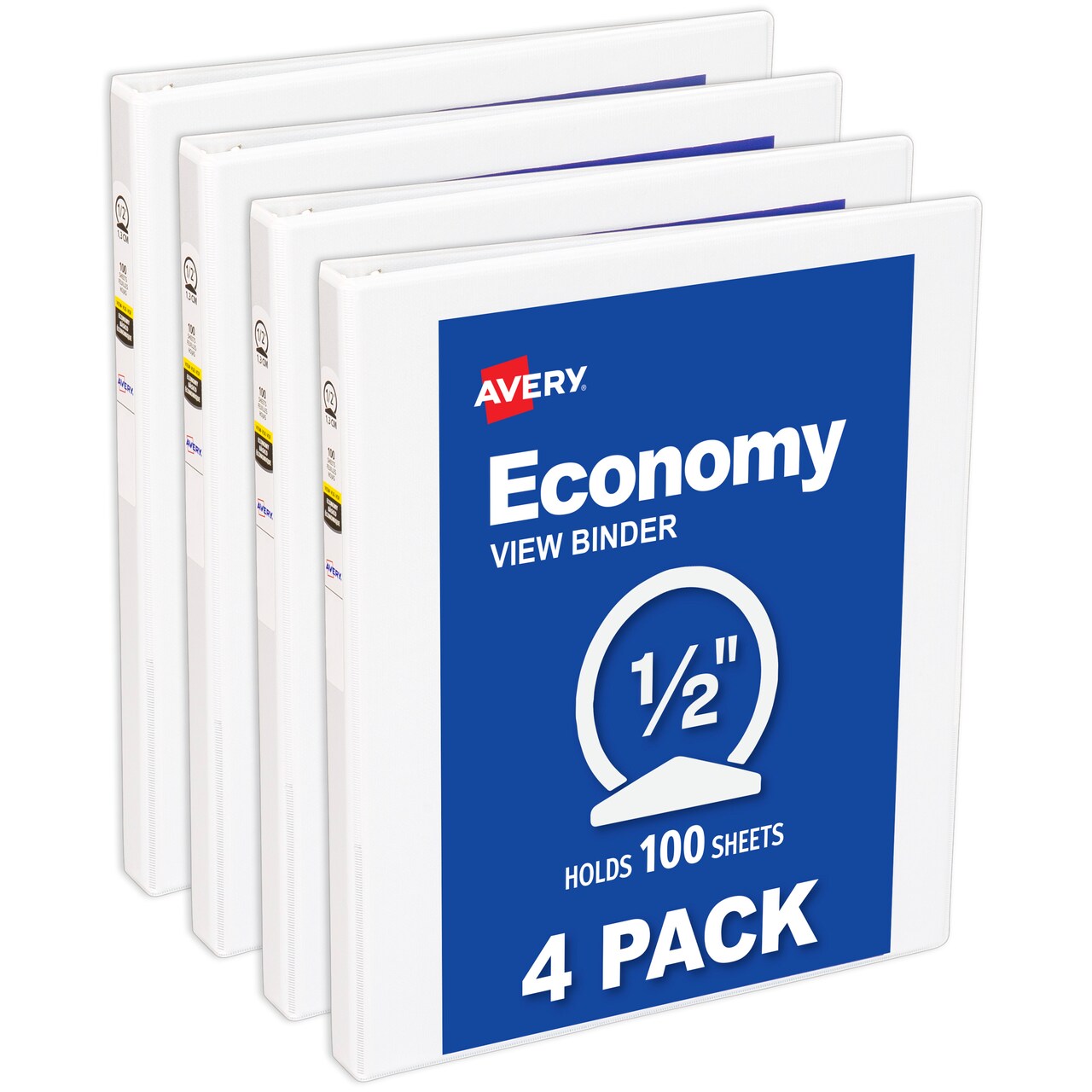 Avery® Standard View 3 Ring Binders, 0.5" Round Rings, 100-Sheet Capacity, 0.7 Inch Wide Spine, 4 White Binders, Ideal for Lightweight Organization and Occasional Referencing (07792)